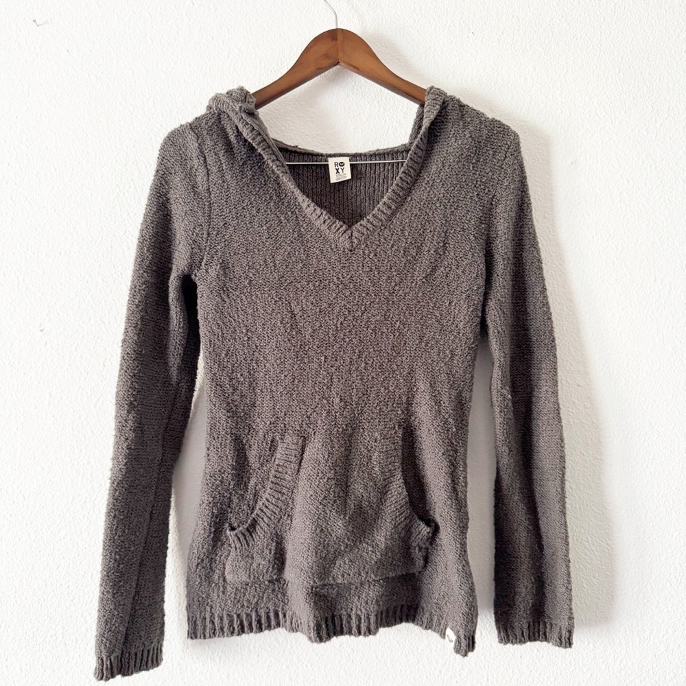Roxy Grey Hooded Beach Sweater Kangaroo Pocket Medium Cozy Knit Boho